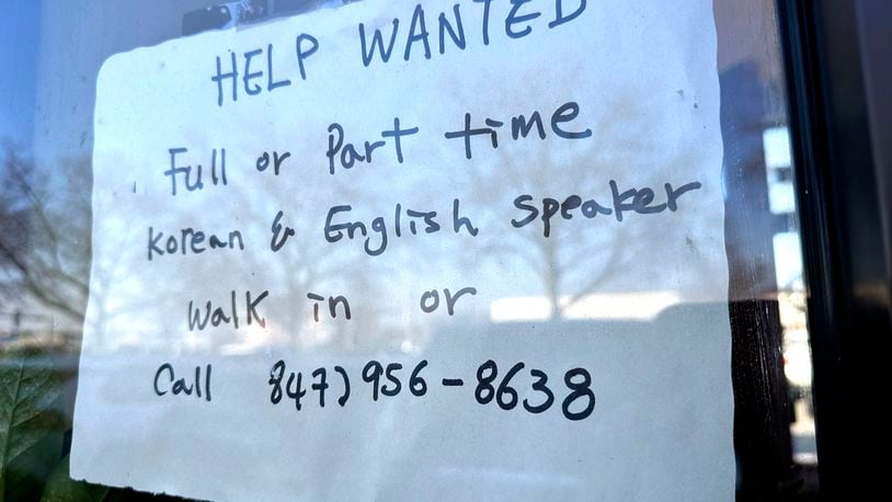 FILE - A hiring sign is displayed at a restaurant in Mount Prospect, Ill., Feb. 1, 2024. (AP Photo/Nam Y. Huh, File)