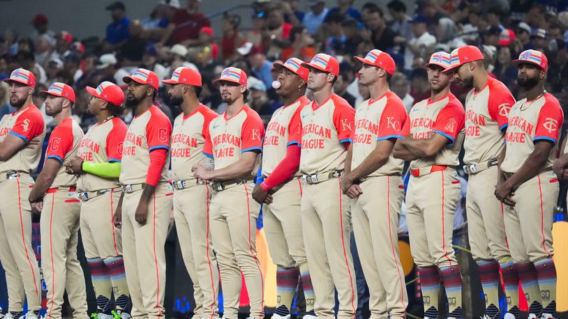 FILE - American League players line up before the MLB All-Star baseball game, July 16, 2024, in Arlington, Texas. (AP Photo/LM Otero, File)