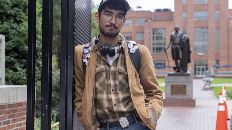 George Washington University student Ty Lindia poses for a photograph at the site of last spring's students tent encampment at George Washington University Yard in Washington, Wednesday, Oct. 2, 2024. (AP Photo/Jose Luis Magana)