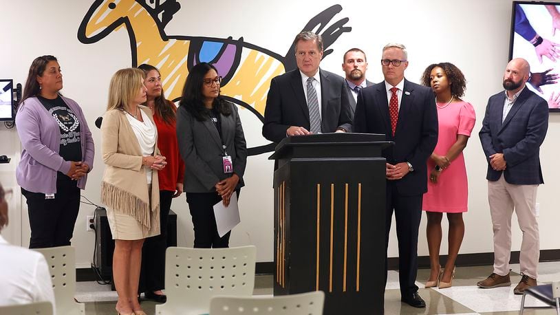 Congressman Mike Turner talks about the City of Springfield's struggles with the large numbers of Haitian immigrants Wednesday, August 7, 2024 following a meeting with city leaders and the executive staff at the Rocking Horse Center. BILL LACKEY/STAFF