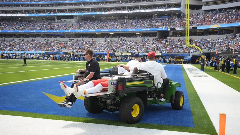 Kansas City Chiefs wide receiver Rashee Rice is taken off the field on a cart after being injured during the first half of an NFL football game against the Los Angeles Chargers Sunday, Sept. 29, 2024, in Inglewood, Calif. (AP Photo/Ashley Landis)