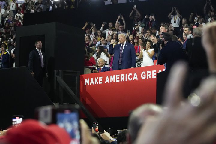 
                        Former President Donald Trump, the Republican presidential nominee, gestures to the crowd as he arrives on the third night of the Republican National Convention at the Fiserv Forum in Milwaukee, on Wednesday, July 17, 2024. (Todd Heisler/The New York Times)
                      