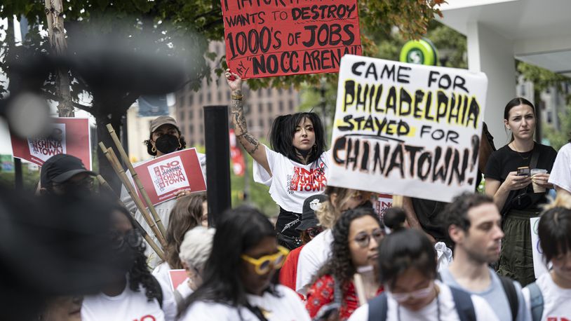 Supporters and Chinatown community leaders gathered during a "No Sixers arena rally" on Wednesday, Sept. 18, 2024, outside Philadelphia City Hall in Philadelphia. (Jose F. Moreno/The Philadelphia Inquirer via AP)