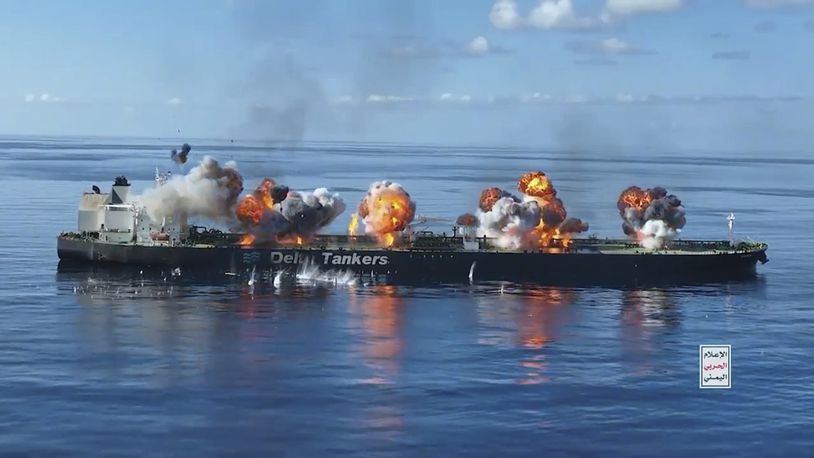 This frame grab from video released by the Ansar Allah Media Office, the media arm of Yemen's Houthi rebels, on Thursday, Aug. 29, 2024, shows explosions striking the Greek-flagged oil tanker Sounion in the Red Sea after Yemen's Houthi rebels boarded and set explosives on the tanker, which was earlier abandoned after the Houthis repeatedly attacked it, setting off blasts that put the Red Sea at risk of a major oil spill. The logo in the bottom righthand corner of the image reads in Arabic: "Yemeni War Media." (Ansar Allah Media Office via AP)