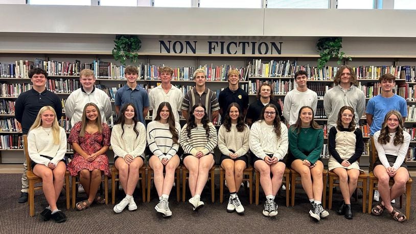 The 2024 Clark-Shawnee Homecoming Court (front row, left to right) Patsy Keeton, Brooklyn Whittaker, Addison Kocher, Lilly Adams, Liza Taylor, Katie Garberich, Maura Simpson, Charli Weller, Kyndall Shope and Emma Holland; and (back row, left to right) Dillon Bowen, Chris Williams, Jake Baggs, Noah Boblitt, Holton Massie, Connar Earles, Nate Woodruff, Ethan Owens, Bryson Fowles and John Forbes. Contributed