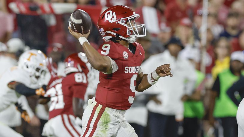 Oklahoma quarterback Michael Hawkins Jr. (9) passes against Tennessee during the second quarter of an NCAA college football game Saturday, Sept. 21, 2024, in Norman, Okla. (AP Photo/Alonzo Adams)