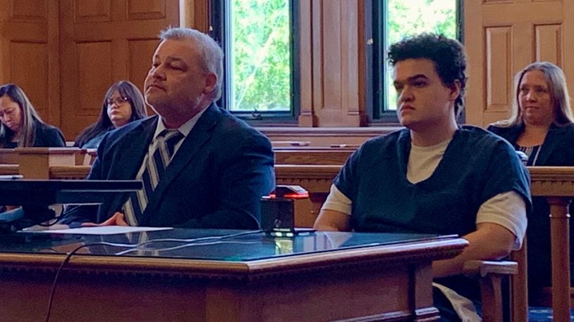 Jackson Bleything (right) sits in Judge Mike Buckwalter’s courtroom Thursday with attorney Jay Adams(left) during his competency hearing, Sept. 12, 2024. LONDON BISHOP/STAFF