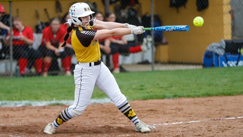 Kenton Ridge High School senior Natalee Fyfee swings at a pitch during their game against Indian Lake earlier this season. Michael Cooper/CONTRIBUTED