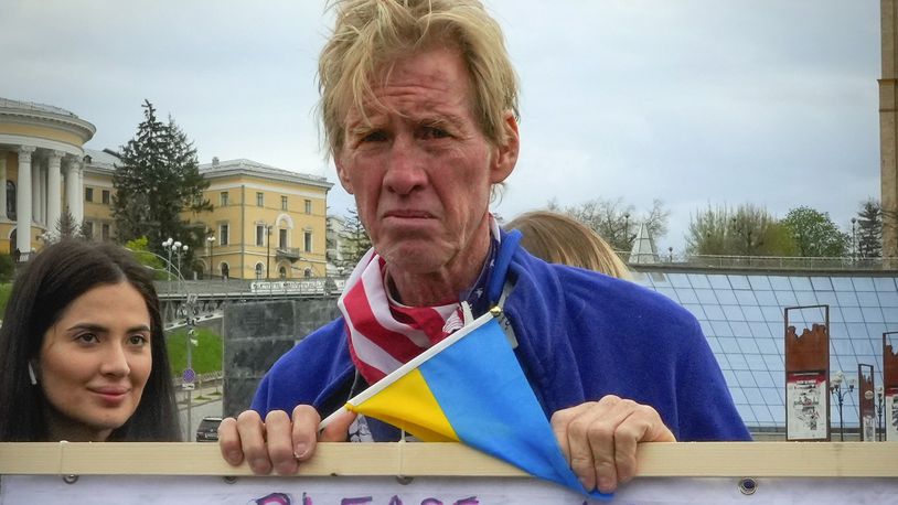 Ryan Wesley Routh takes part in a rally in central Kyiv, Ukraine, Saturday, April 30, 2022. (AP Photo/Efrem Lukatsky)