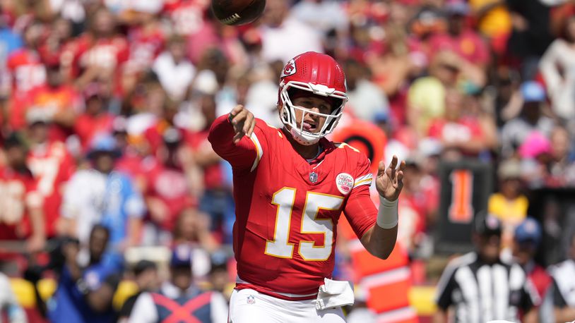 Kansas City Chiefs quarterback Patrick Mahomes (15) throws a pass against the Detroit Lions during the first half of an NFL preseason football game Saturday, Aug. 17, 2024, in Kansas City, Mo. (AP Photo/Ed Zurga)