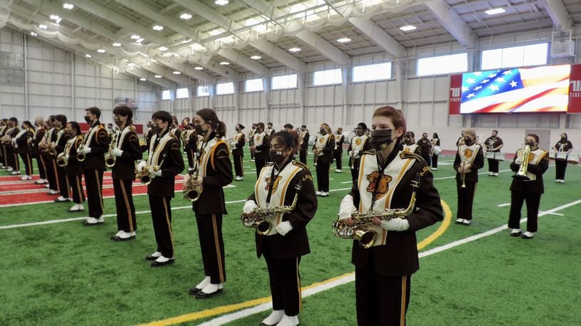 The Kenton Ridge High School Marching Band as they recorded their performance on Jan. 13 at Wittenberg University for the Inauguration Parade. CONTRIBUTED