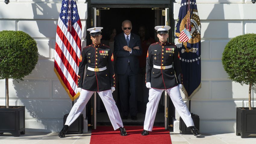 
                        FILE — President Joe Biden walks between the Marine Honor Guard as he hosts an event celebrating the passage of H.R. 5376, the Inflation Reduction Act of 2022, on the South Lawn of the White House in Washington on Sept. 13, 2022. Biden abandoned his campaign for a second term under intense pressure from fellow Democrats on Sunday, July 21, 2024, upending the race for the White House in a dramatic last-minute bid to find a new candidate who can stop former President Donald Trump from returning to the White House. (Doug Mills/The New York Times)
                      