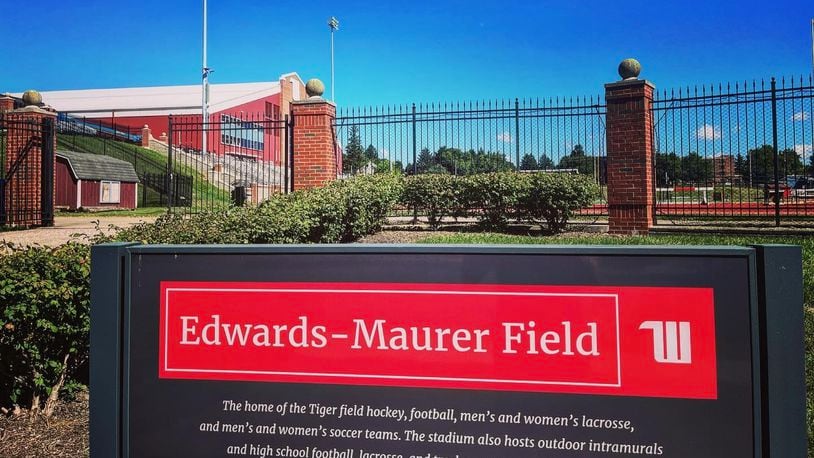 The sign outside Wittenberg's Edwards-Maurer Field in Springfield. David Jablonski/Staff