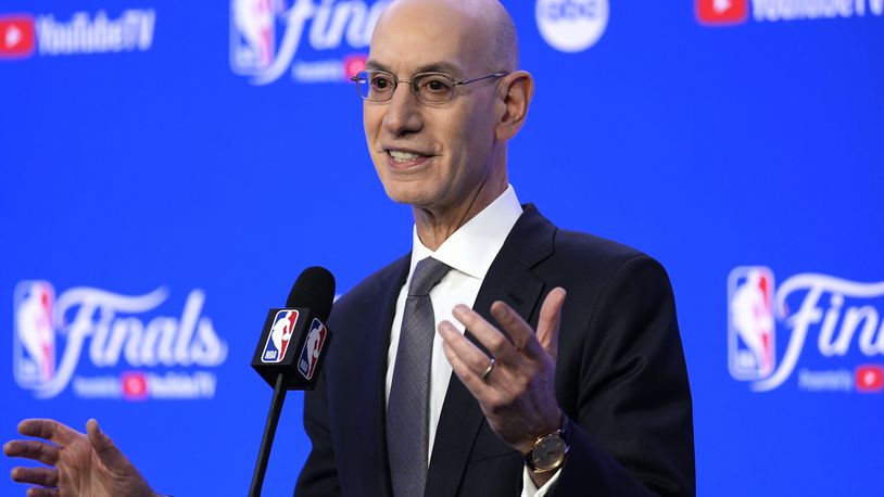 FILE - NBA Commissioner Adam Silver talks to reporters before Game 1 of basketball's NBA Finals between the Boston Celtics and the Dallas Mavericks, Thursday, June 6, 2024, in Boston. (AP Photo/Charles Krupa, File)