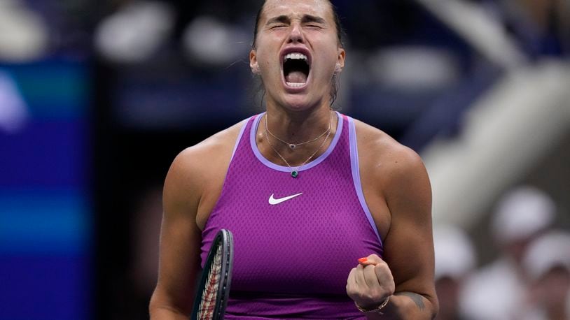 Aryna Sabalenka, of Belarus, reacts against Jessica Pegula, of the United States, during the women's singles final of the U.S. Open tennis championships, Saturday, Sept. 7, 2024, in New York. (AP Photo/Frank Franklin II)