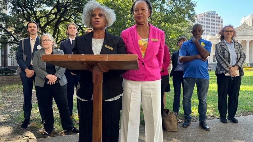 Gail LeBoeuf and Barbara Washington, co-founders of the environmental justice organization Inclusive Louisiana and plaintiffs in a case alleging environmental racism in St. James Parish, Louisiana, speak at a press conference after a hearing for their case at the Fifth Circuit Court of Appeals in New Orleans on Monday, Oct. 7, 2024. (AP/Jack Brook)