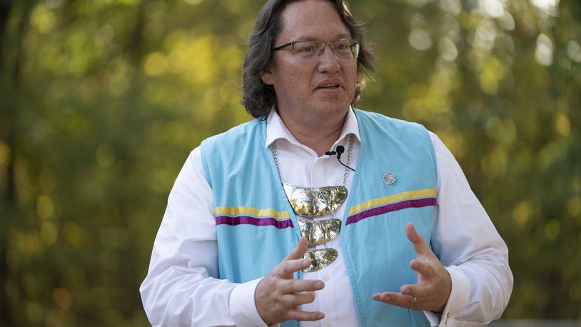 Chief Ben Barnes of the Shawnee Tribe talks about the tribes involvement in Civilization VII at the ribbon cutting of the Shawnee Language Center on Friday, September 20, 2024 in Miami, Okla.. (AP Photo/Nick Oxford)