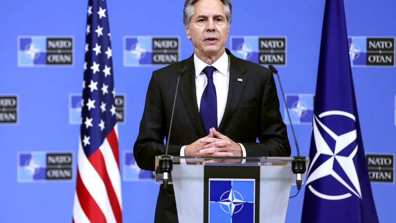 FILE - Secretary of State Antony Blinken addresses a media conference at NATO headquarters in Brussels, April 4, 2024. Blinken will travel to eastern Europe next week as concerns mount about Russia's advances in Ukraine, potential Russian interference in neighboring Moldova and pro-Moscow legislation being promoted in Georgia. The State Department said Friday, May 24, that Blinken would visit the Moldovan capital of Chisinau on Wednesday before attending a NATO foreign ministers meeting in Prague on Thursday and Friday. (Johanna Geron, Pool Photo via AP, File)