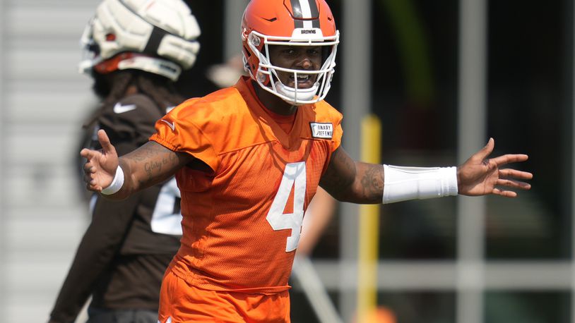 Cleveland Browns quarterback Deshaun Watson during an NFL football practice, Wednesday, Sept. 4, 2024, in Berea, Ohio. (AP Photo/Sue Ogrocki)