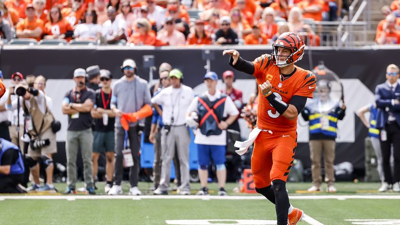 Bengals quarterback Joe Burrow makes a pass during their 16-10 loss to New England Patriots Sunday, Sept. 8, 2024 at Paycor Stadium in Cincinnati. NICK GRAHAM/STAFF