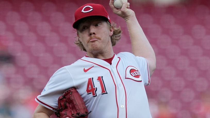 Cincinnati Reds starting pitcher Andrew Abbott throws to a San Diego Padres batter during the first inning of a baseball game Tuesday, May 21, 2024, in Cincinnati. (AP Photo/Carolyn Kaster)