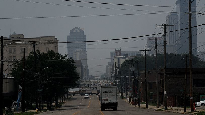 Dangerous air quality due to Canadian wildfire smoke hangs over the Dayton area Wednesday June 28, 2023. MARSHALL GORBY\STAFF