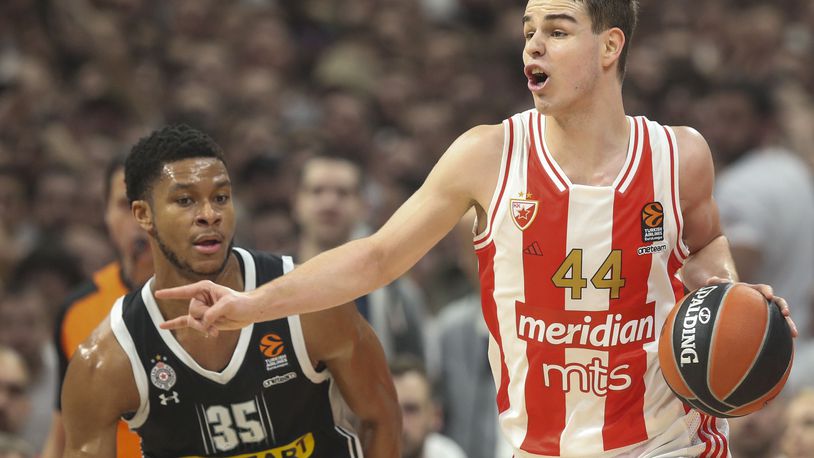 FILE - Red Star's Nikola Topic, right, drives to the basket during the Euroleague basketball match between Red Star and Partizan, in Belgrade, Serbia, on Jan. 4, 2024. AP Photo, File)