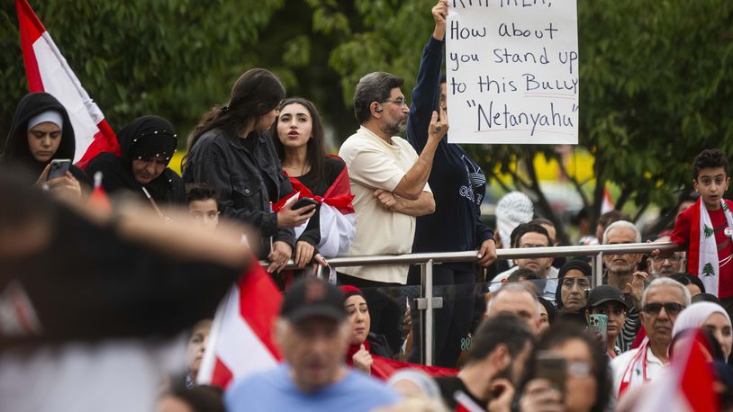 Hundreds gather for a rally in support of Lebanon in light of recent Israeli strikes that killed hundreds, on Wednesday, Sept. 25, 2024 in front of the Henry Ford Centennial Library in Dearborn, Mich. (Katy Kildee/Detroit News via AP)