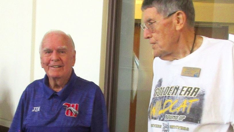 Jim Ingledue, left, is greeted by Committee Chairman Jim Rolfes during a recent Springfield Golden Era meeting.  It was a special surprise to have Jim Ingledue, the Founder of the Golden Era group, appeared at the get-together of Springfield High School graduates and friends at the Grace Evangelical Lutheran Church in Springfield on Monday, July 24. The Golden Era Wildcats was started by 1952 graduates organized by Ingledue in 2018 during their last class reunion. Graduates of the Springfield City School District are urged to participate in this fellowship and gathering of friends from all high school classes. The next get-together is scheduled for October 23 at Grace Lutheran. CONTRIBUTED