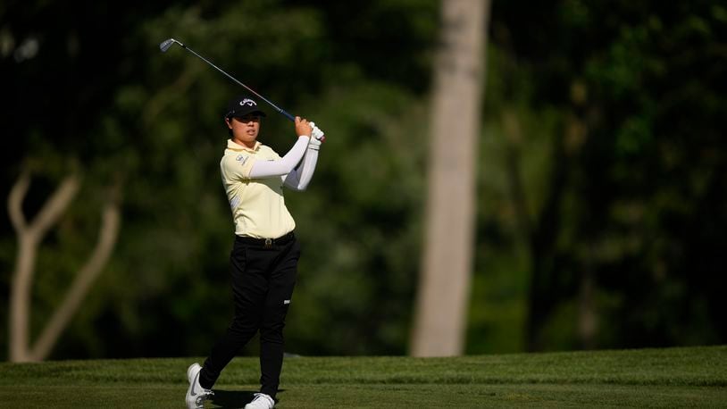Yuka Saso, of Japan, hits from the fairway on the ninth hole during the first round of the U.S. Women's Open golf tournament at Lancaster Country Club, Thursday, May 30, 2024, in Lancaster, Pa. (AP Photo/Matt Slocum)