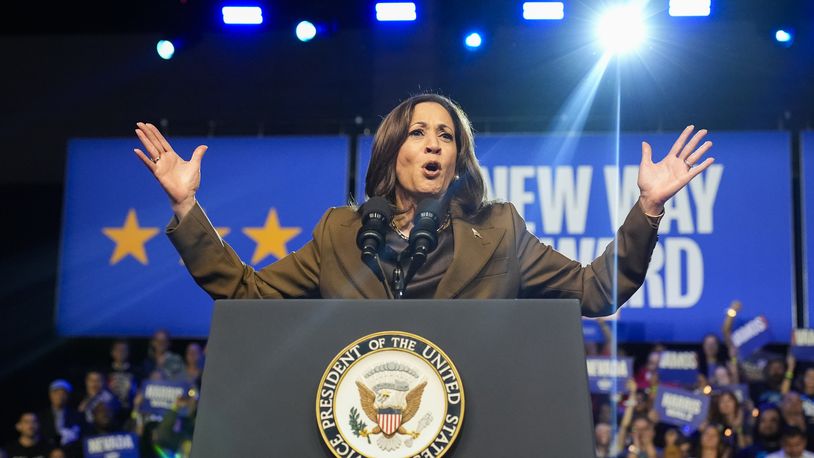 Democratic presidential nominee Vice President Kamala Harris speaks at a rally on Sunday, Sept. 29, 2024, in Las Vegas. (AP Photo/Carolyn Kaster)