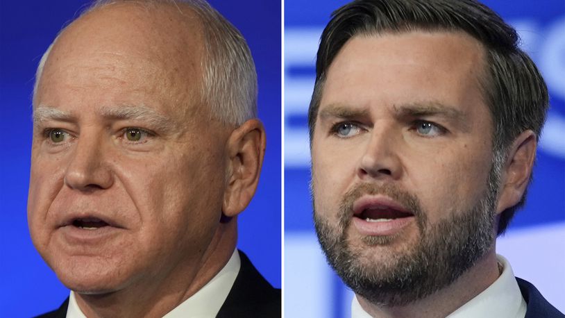 This combination image shows Democratic vice presidential nominee Minnesota Gov. Tim Walz, left, and Republican vice presidential nominee Sen. JD Vance, R-Ohio, right, during a vice presidential debate hosted by CBS News, Tuesday, Oct. 1, 2024, in New York. (AP Photo)