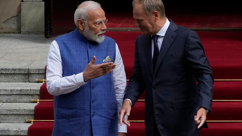 Indian Prime Minister Narendra Modi, left, is greeted by his Polish counterpart Donald Tusk, right, before talks in Warsaw, Poland, Thursday, Aug. 22, 2024. (AP Photo/Czarek Sokolowski)