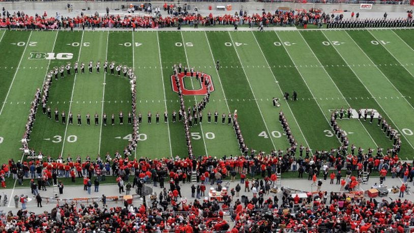 COLUMBUS, OH - NOVEMBER 24: The Ohio State Marching Band performs the Script Ohio before the game against the Michigan Wolverines at Ohio Stadium on November 24, 2012 in Columbus, Ohio. (Photo by Jamie Sabau/Getty Images)