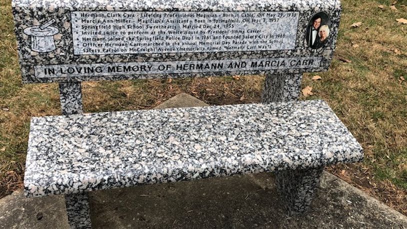 The lives of Hermann and Marcia Carr have been memorialized with a new bench next to their mausoleum in Ferncliff Cemetery. The bench tells the story of the Carrs' accomplishments such as his career as a magician and as a Springfield police officer, who established the Safety City program.