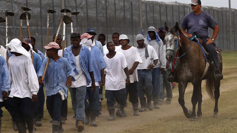 FILE - A prison guard rides a horse alongside prisoners as they return from farm work detail at the Louisiana State Penitentiary in Angola, La., on Aug. 18, 2011. U.S. District Court Judge Brian Jackson issued a temporary restraining order Tuesday, July 3, 2024, giving the state department of corrections seven days to provide a plan to improve conditions on the so-called Farm Line at Louisiana State Penitentiary, otherwise known as Angola. (AP Photo/Gerald Herbert, File)