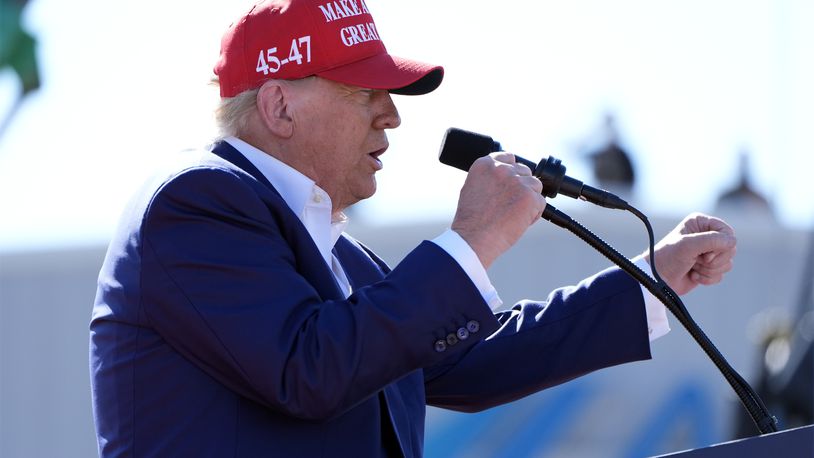 Republican presidential nominee former President Donald Trump speaks at a campaign rally at Wilmington International Airport, Saturday, Sept. 21, 2024, in Wilmington, N.C. (AP Photo/Alex Brandon)