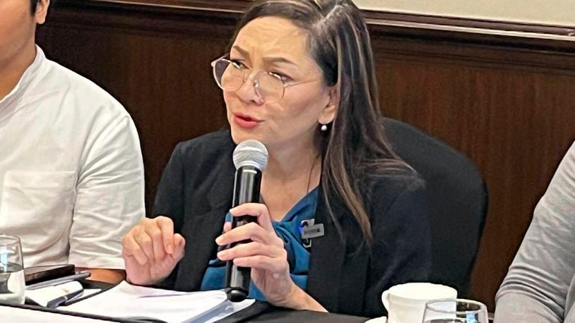 Filipino Sen. Risa Hontiveros, who has led an investigation into the massive online gambling and scam operations in the Philippines, speaks at a news briefing in Manila, Philippines, Friday Sept. 20, 2024. (AP Photo/Jim Gomez)