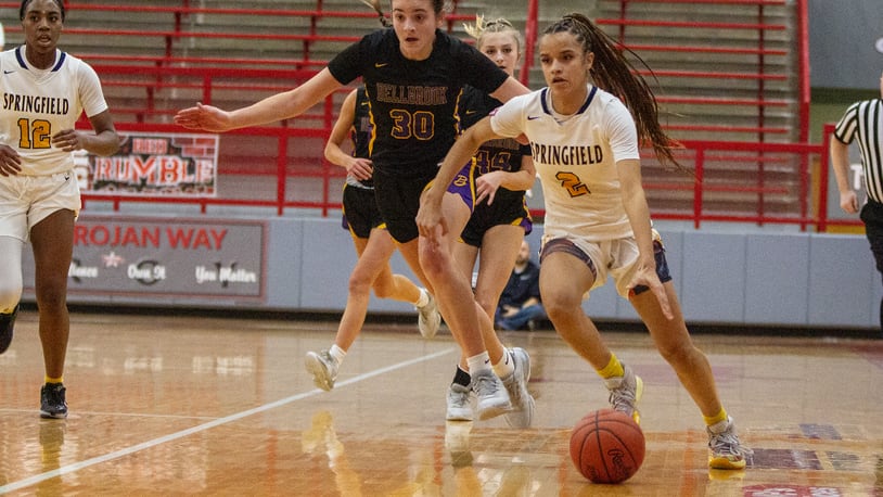 Springfield sophomore Milly Portis attacks the Bellbrook defense during the Wildcats' 57-55 tournament victory Wednesday at Troy High School. Jeff Gilbert/CONTRIBUTED