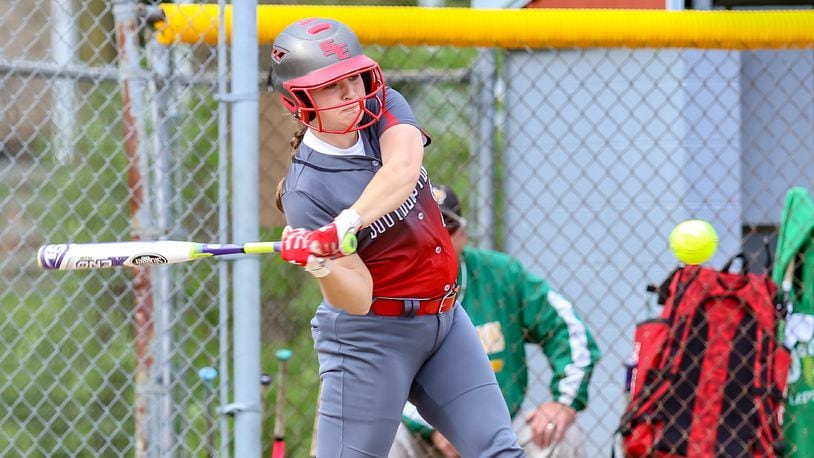 Southeastern High School senior Rylee Harrington swings at a pitch during their game against Madison Plains on Monday, April 29. MICHAEL COOPER / CONTRIBUTED