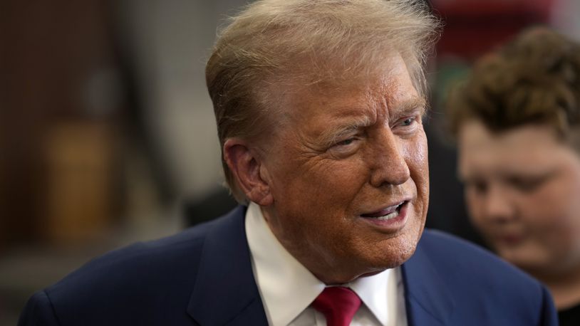 Republican presidential nominee former President Donald Trump visits the Shanksville Volunteer Fire Company in Shanksville, Pa., Wednesday, Sept. 11, 2024. (AP Photo/Matt Rourke)