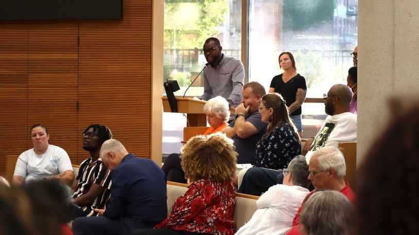 Haitian Community Help and Support Center President Vilès Dorsainvil speaks at the NAACP's second forum on discrimination against Haitian immigrants in Springfield on Thursday, Aug. 29, 2024. JESSICA OROZCO/STAFF