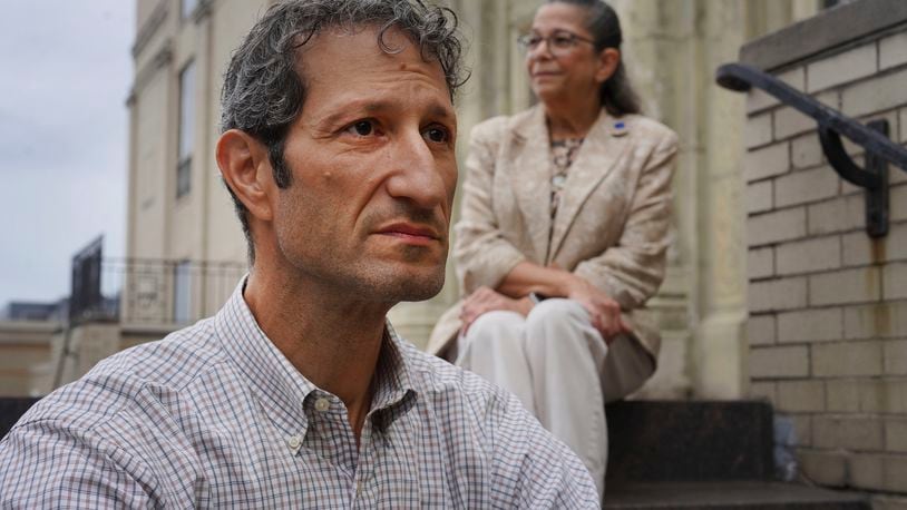 Rabbi Seth Adelson, of Congregation Beth Shalom, a Conservative synagogue located just blocks from Tree of Life in the Squirrel Hill neighborhood, sits for a portrait with Audrey Glickman, a Tree of Life member who survived the 2018 synagogue attack, Friday, Sept. 27, 2024, in Pittsburgh. (AP Photo/Jessie Wardarski)