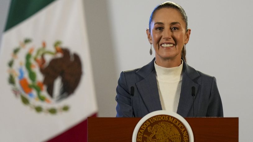 FILE - Mexican President Claudia Sheinbaum gives a media briefing from the National Palace in Mexico City, Oct. 2, 2024, the morning after her inauguration. (AP Photo/Fernando Llano, File)