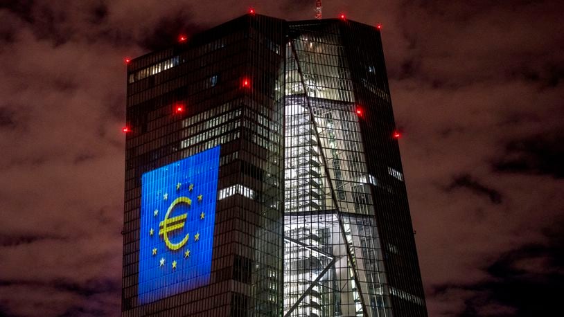 FILE - A light installation is projected onto the building of the European Central Bank during a rehearsal in Frankfurt, Germany, Thursday, Dec. 30, 2021. (Photo/Michael Probst, File)