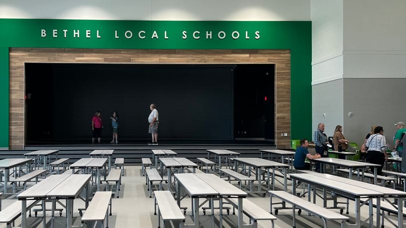 The lunchroom and stage area of the new Bethel Elementary School, during family tours in August 2023. AIMEE HANCOCK/STAFF