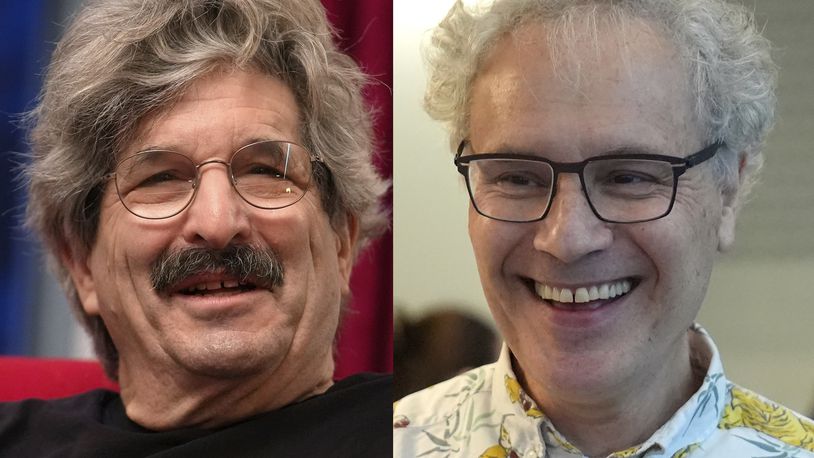 This photo combo shows 2024 Nobel Prize winners in physiology or medicine Gary Ruvkun, American molecular biologist, left, and Victor Ambros, professor of natural science at the University of Massachusetts Medical School, Monday, Oct. 7, 2024, in Newton, Mass. (AP Photo/Steven Senne)