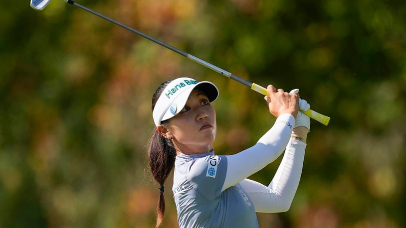 Lydia Ko of New Zealand plays her shot from the fifth tee during the final round of the LPGA Kroger Queen City Championship golf tournament at TPC River's Bend in Maineville, Ohio, Sunday, Sept. 22, 2024. (AP Photo/Carolyn Kaster)