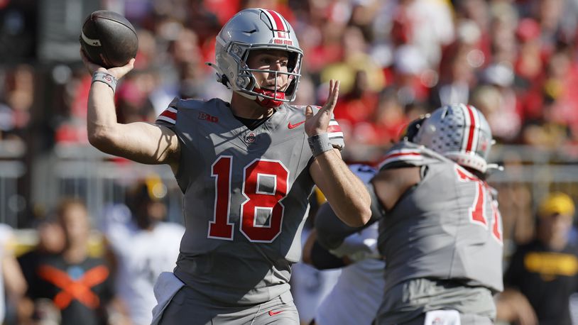 Ohio State quarterback Will Howard throws a pass against Iowa during the first half of an NCAA college football game, Saturday, Oct. 5, 2024, in Columbus, Ohio. (AP Photo/Jay LaPrete)