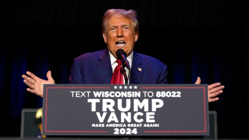 Republican presidential nominee former President Donald Trump speaks at a campaign event Saturday, Sept. 28, 2024, in Prairie du Chien, Wis. (AP Photo/Morry Gash)